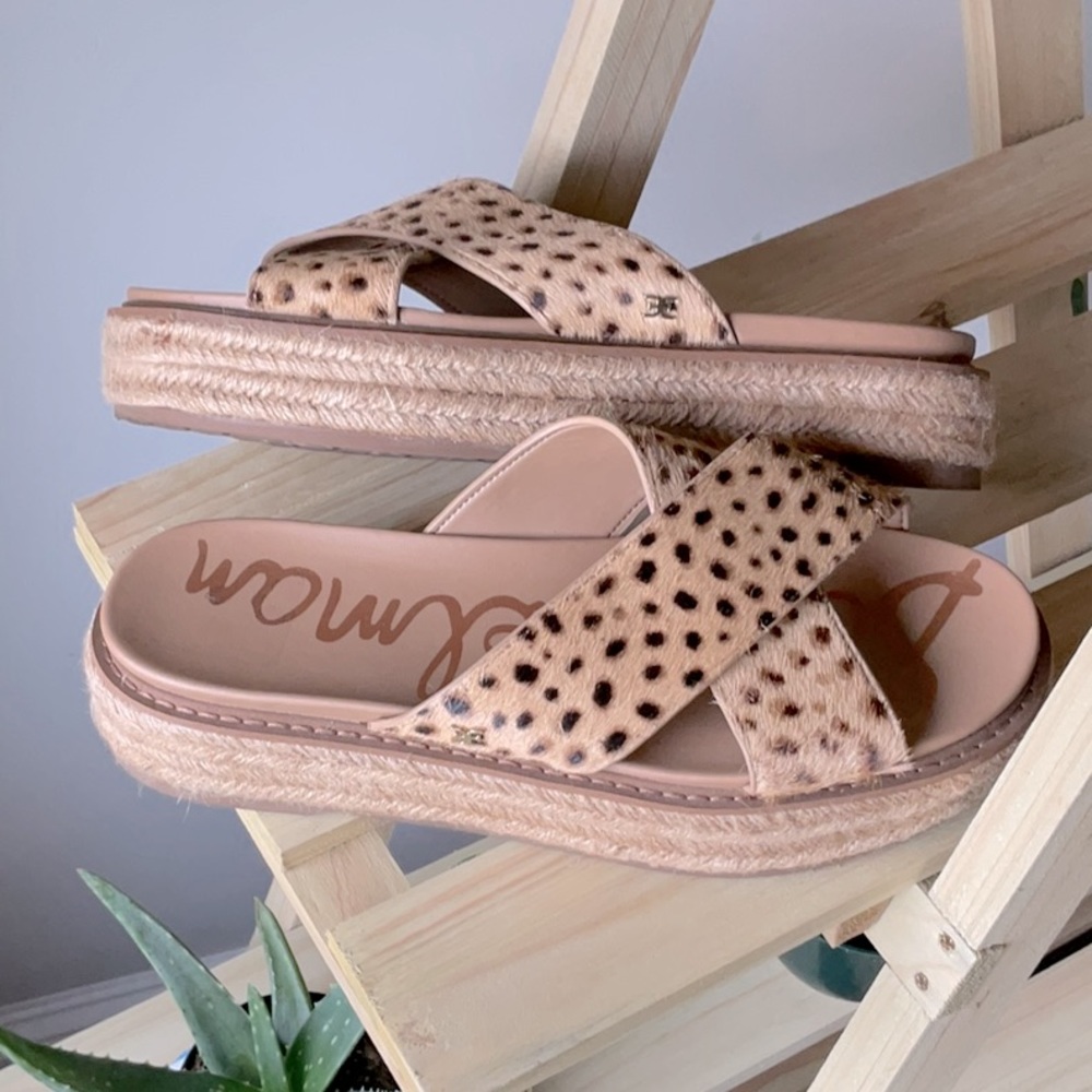 Sam Eldeman Kornia haircalf leopard espadrille slides 10